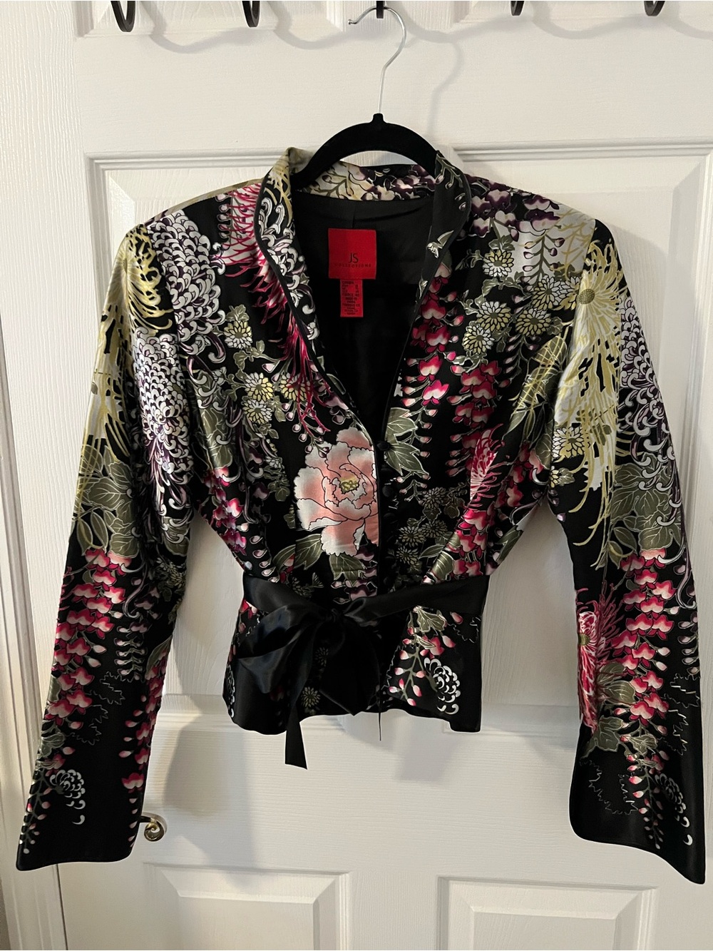JS Collections Black Floral Satin Blazer Jacket with Pink & Green Accents